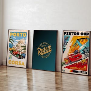 Cars Movie Poster,Set of 3 Movie Poster,Lightning McQueen Radiator Springs Posters,Piston Cup,McQueen Piston Cup Disneyland Wall Art