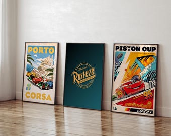 Póster de la película Cars, juego de 3 pósteres, pósteres de Rayo McQueen en Radiator Springs, Copa Pistón, arte mural de la Copa Pistón McQueen en Disneyland