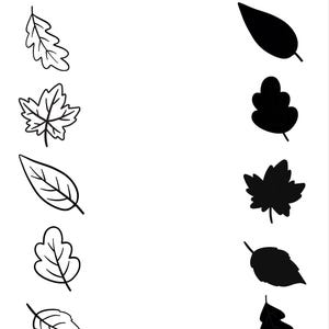 May include: A vertical arrangement of ten leaf illustrations organized in two columns. The left column features five black-outlined leaf shapes, while the right column displays five solid black silhouette leaf shapes of various botanical types.