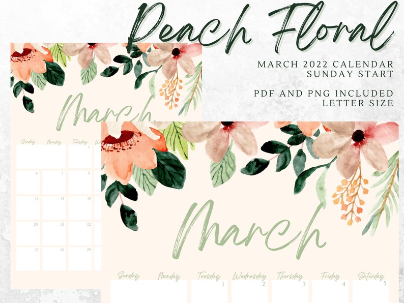 March 2022 Calendar Peachy Floral Monthly Spring | Etsy