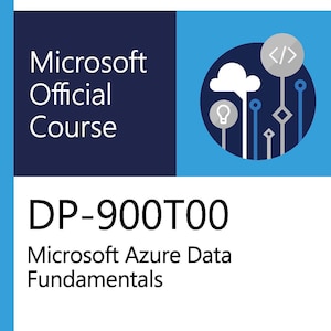 Puede incluir: Portada del libro Microsoft Official Course, titulado "DP-900T00 Microsoft Azure Data Fundamentals". El diseño incluye el logotipo de Microsoft, un panel azul oscuro con texto blanco y un gráfico azul con iconos de nube y código.