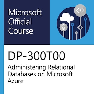 Puede incluir: Portada de libro de Microsoft Official Course. El título es "DP-300T00 Administering Relational Databases on Microsoft Azure". La portada presenta un diseño azul y blanco con el logotipo de Microsoft en la esquina superior derecha.