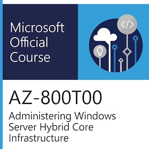 Può includere: Una pubblicità per un corso ufficiale Microsoft. L'immagine presenta il logo Microsoft e il testo "Microsoft Official Course" in bianco su sfondo blu scuro. Sotto, il testo "AZ-800T00 Administering Windows Server Hybrid Core Infrastructure" è visualizzato.