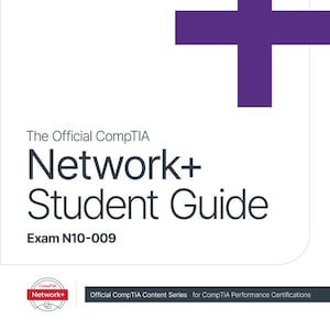 Pode incluir: Uma capa de livro branca com o logotipo da CompTIA e um grande sinal de mais roxo. O título "Network+ Student Guide" é exibido em letras escuras grandes. O número do exame N10-009 também é visível.