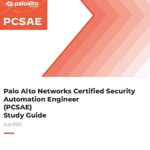 Op de afbeelding: Palo Alto Networks Certified Security Automation Engineer (PCSAE) Studiegids, een document met een rode en witte gradiëntachtergrond en het Palo Alto Networks logo.