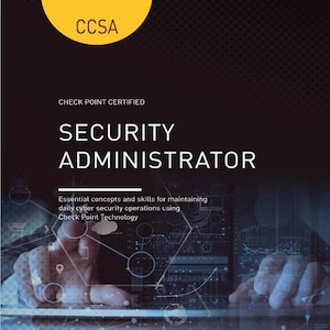 May include: A graphic with the text "CCSA Check Point Certified Security Administrator" and the Check Point logo. The graphic features a person's hands interacting with a digital interface.
