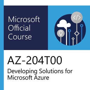May include: A Microsoft Official Course book cover. The title is "AZ-204T00 Developing Solutions for Microsoft Azure." The cover features the Microsoft logo and a blue and white graphic with a cloud, lightbulb, and code symbol.