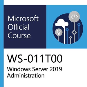 Può includere: Copertina del libro Microsoft Official Course. La copertina presenta il logo Microsoft, il testo bianco "Microsoft Official Course" e "WS-011T00 Windows Server 2019 Administration". Un grafico blu e bianco a destra.