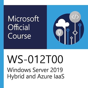Può includere: Copertina del libro Microsoft Official Course. La copertina presenta il logo Microsoft, il testo "Microsoft Official Course" e "WS-012T00 Windows Server 2019 Hybrid and Azure IaaS". Il design utilizza una combinazione di colori blu e bianco con elementi grafici.