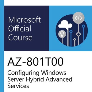 Può includere: Copertina del libro Microsoft Official Course con il titolo "AZ-801T00 Configuring Windows Server Hybrid Advanced Services". La copertina presenta il logo Microsoft, una sezione blu scuro con testo bianco e uno sfondo blu con icone grafiche.