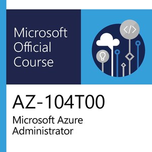 May include: A Microsoft Official Course book cover with a blue and white design. The cover includes the Microsoft logo, the text "Microsoft Official Course", and "AZ-104T00 Microsoft Azure Administrator".