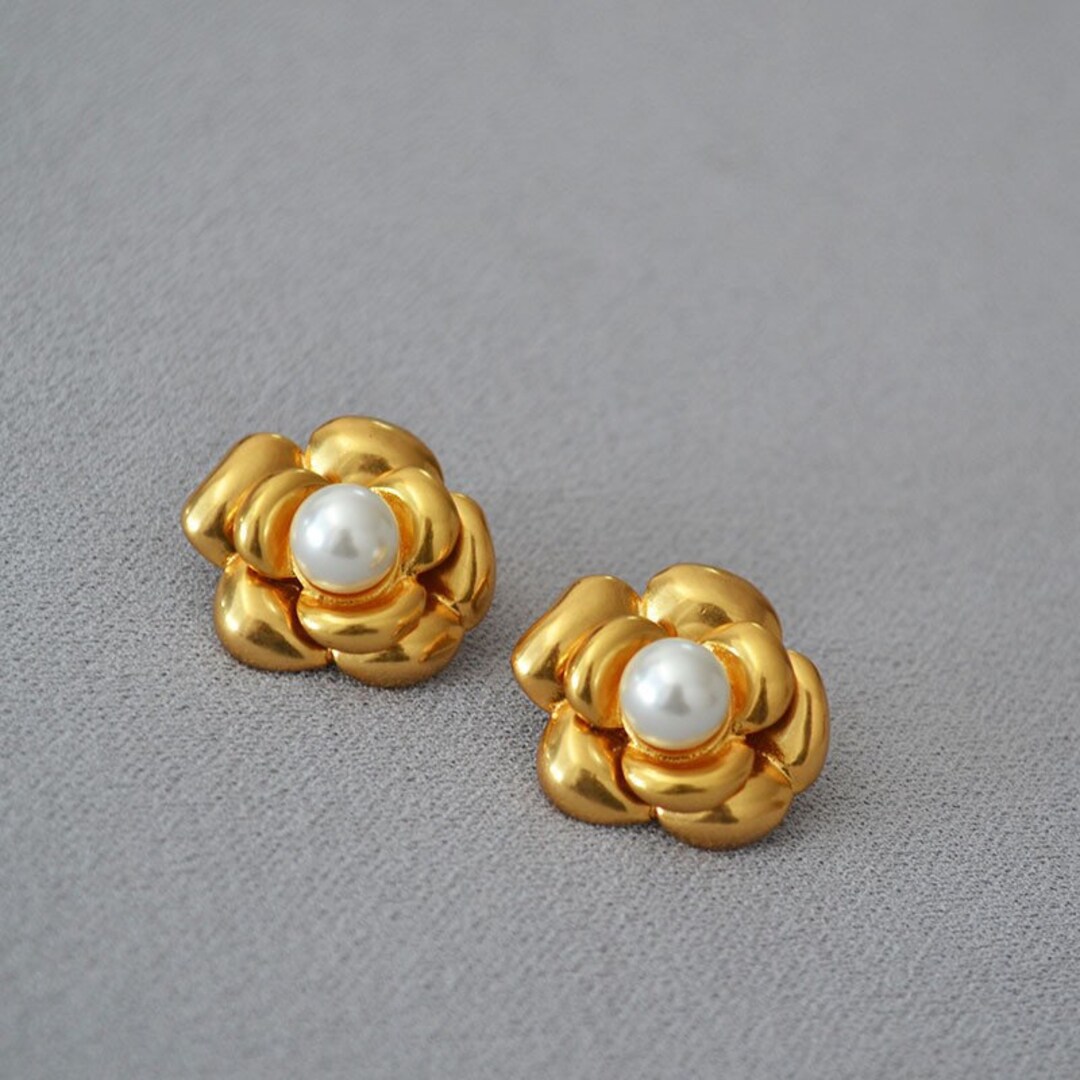 CHANEL Metal Crystal Pearl 90s Camellia CC Drop Earrings Gold