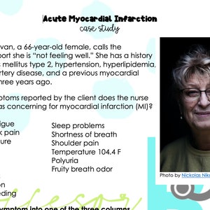 May include: A case study about acute myocardial infarction, a heart condition. The text describes the symptoms of a 66-year-old female patient, including chest pressure, shortness of breath, and fatigue. The image also includes a photo of a woman.