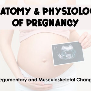 May include: A pregnant woman holds an ultrasound image of a fetus in front of her belly. The text "Anatomy & Physiology of Pregnancy" is at the top of the image. The text "Integumentary and Musculoskeletal Changes" is at the bottom of the image.