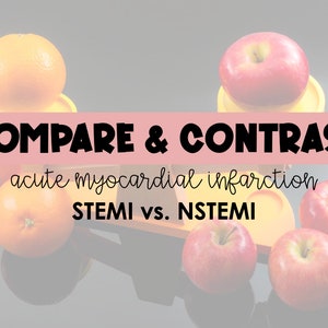 Pode incluir: Um gráfico que compara e contrasta o infarto do miocárdio com elevação do ST (STEMI) e o infarto do miocárdio sem elevação do ST (NSTEMI). O gráfico usa maçãs e laranjas para representar os dois tipos de ataques cardíacos.