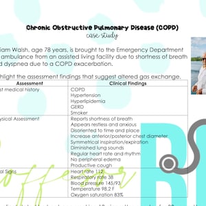 Puede incluir: Un estudio de caso médico sobre la enfermedad pulmonar obstructiva crónica (EPOC) con una tabla de hallazgos de evaluación. El texto incluye información del paciente, signos vitales y hallazgos clínicos. Una imagen de un hombre con una camisa blanca está en la esquina superior derecha.