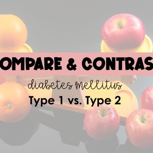 May include: A comparison of type 1 and type 2 diabetes mellitus using oranges and apples on a scale. The text "COMPARE & CONTRAST" is displayed above the scale.