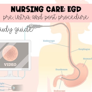 May include: Illustration of an upper gastrointestinal endoscopy (EGD) procedure. A flexible endoscope is inserted through the mouth and into the esophagus, stomach, and duodenum. The endoscope has a light and camera attached to it, which transmits images to a monitor. The image shows the endoscope passing through the esophagus, stomach, and duodenum. The text "NURSING CARE: EGD pre, intra, and post procedure study guide" is at the top of the image.