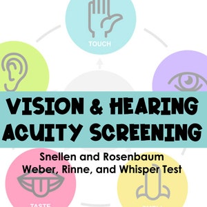 Może przedstawiać: Kolorowa infografika ilustrująca pięć zmysłów: dotyk, wzrok, słuch, smak i węch. Infografika zawiera również tekst "VISION & HEARING ACUITY SCREENING" oraz "Snellen and Rosenbaum Weber, Rinne, and Whisper Test".
