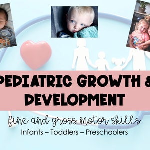 Może przedstawiać: Różowe serce, stetoskop i biała papierowa wycinanka rodziny znajdują się na jasnoniebieskim tle. Tekst "PEDIATRIC GROWTH & DEVELOPMENT" znajduje się na różowym banerze. Tekst "fine and gross motor skills" jest napisany kursywą. Tekst "Infants - Toddlers - Preschoolers" znajduje się pod tekstem kursywą. W rogach obrazu znajdują się trzy zdjęcia dzieci.
