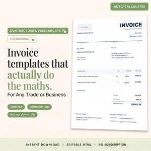 May include: A professional contractor invoice template with the text "Invoice templates that actually do the maths." The invoice includes fields for quantity, rate, and total, and the total amount is $5045.25.