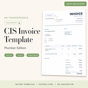 Puede incluir: Una plantilla de factura CIS blanca para fontaneros, con el texto "UK TRADESPEOPLE" y "Plumber Edition". La factura incluye campos para horas, tarifa y materiales, y calcula el importe total adeudado. La plantilla es totalmente interactiva y funciona sin conexión.