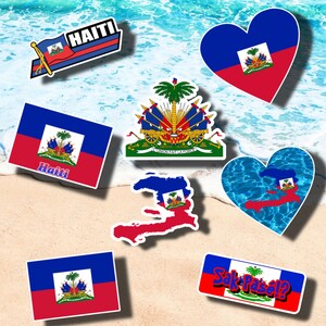 May include: A collection of stickers featuring the Haitian flag in various designs. The stickers include a heart-shaped sticker, a sticker with the Haitian coat of arms, a sticker with the Haitian flag and the word "Haiti", a sticker with the Haitian flag and the words "Sak Pase!" and a sticker with the outline of Haiti with the Haitian flag in the center.