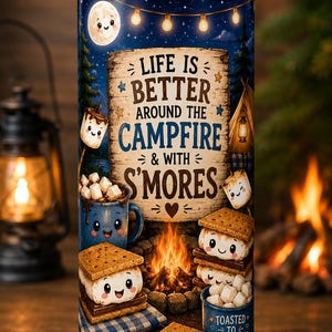 Könnte beinhalten: Ein zylindrischer Becher mit transparentem Deckel und Metallstrohhalm, verziert mit einer nächtlichen Campingszene, Lagerfeuer, Mond, Lichterkette und S'mores-Figuren. Der Text lautet: LIFE IS BETTER AROUND THE CAMPFIRE & WITH S'MORES.
