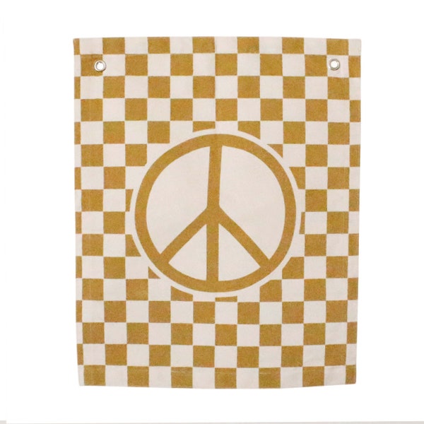 Checkered Peace Sign Banner - Canvas Wall Flag | Canvas Banner | Checkerboard | Gold Wall Decor