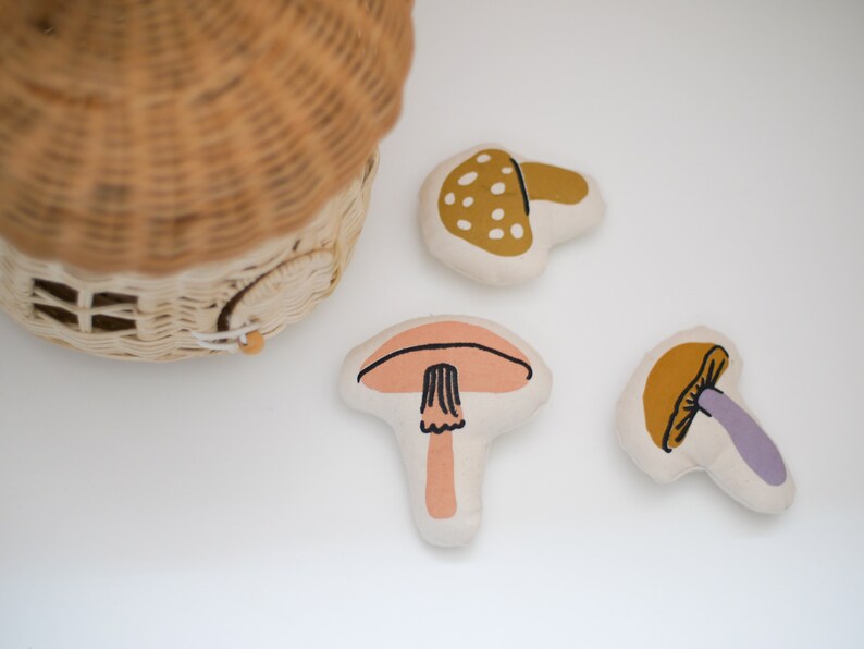 Mini Mushroom Basket Interactive Play Kitchen Play Imaginative Mushroom Pillow Neutral Activity Flower Child image 2