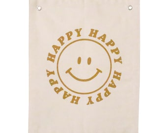 Happy Face Banner - Canvas Wall Flag | Canvas Banner | Smiley Face Tapestry | Gold Smile | 90s Vibes