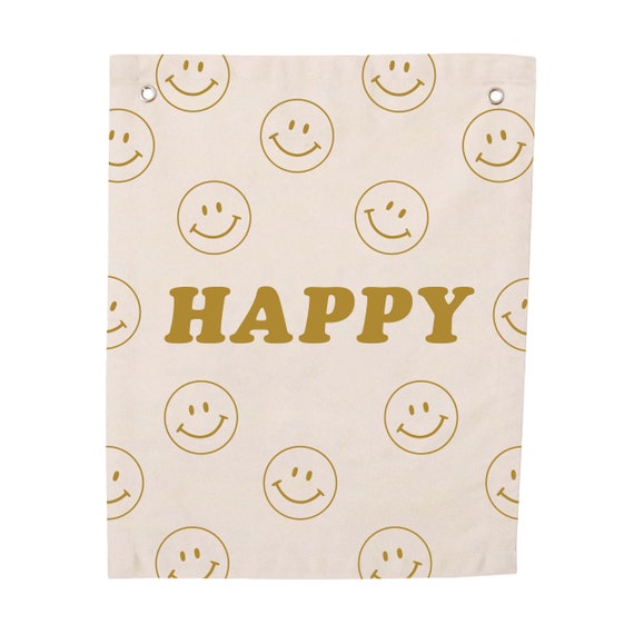 Happy Banner Canvas Wall Flag Canvas Banner Happy Tapestry Gold Screenprinted Wall Art 90s Vibes Smiley Faces Etsy