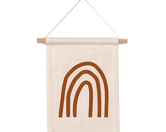 Rust Rainbow Hang Sign - Mini Wall Hanging | Canvas Flag | Wooden Dowel | Small Wall Banner | Wall Quote | Arches | Rainbow Baby | Boho
