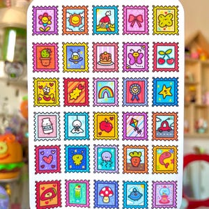May include: A rectangular sticker sheet featuring a grid of thirty individual postage stamp designs. Each stamp displays a colourful, cartoon-style illustration including items like a flower, sun, house, bow, cactus, UFO, pancakes, butterfly, cherry, rainbow, and mushroom.
