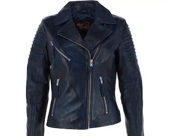 Blue leather biker jacket womens hotsell
