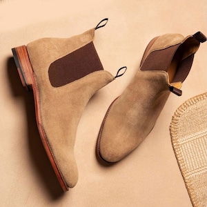 Beige Brown Leather Suede Chelsea Boots for Men's Dress Boots, Handmade Leather Ankle Boots