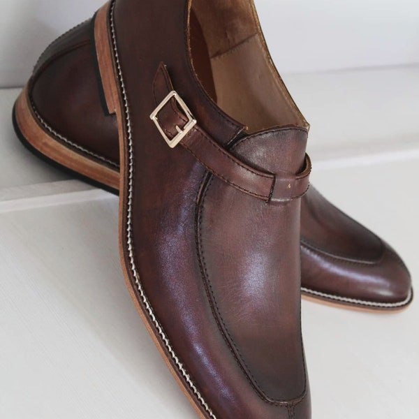 Elegante monk strap brown leather dress shoes para hombres