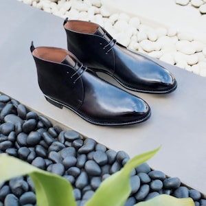 Black Dress Boots for Mens Handmade Black Leather Monk Strap Lace up Chukka Boots