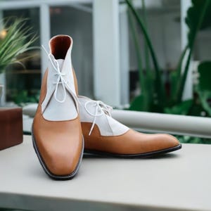 White and Brown Dress Boots for Men&#39;s Designer Boots, Leather Ankle Boots