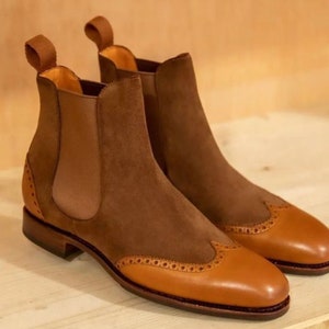 Tan Brown Leather Suede Chelsea Boots for Men&#39;s Dress Boots, Handmade Leather Ankle Boots