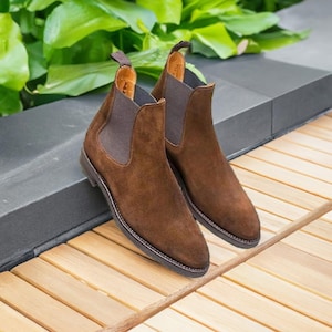 Brown Leather Suede Chelsea Boots for Men&#39;s Dress Boots, Handmade Leather Ankle Boots