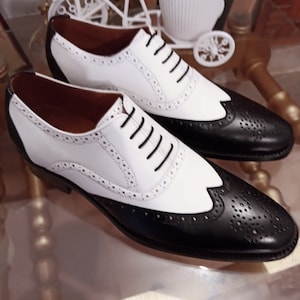 Handmade Leather Black and White Wingtips Brogue Shoes for Men&#39;s Dress Shoes, Men&#39;s Wedding Shoes, Spectator Shoes for Men