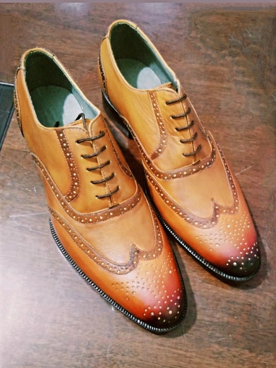 Handmade Burnished Toe Patina Brown Wingtips Brogue Shoes for