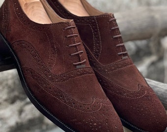 Handmade Leather Brown Suede Wingtips Brogue Shoes for Men's Dress Shoes