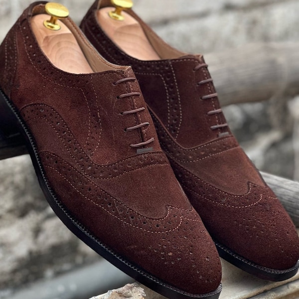 Handmade Leather Brown Suede Wingtips Brogue Shoes for Men's Dress Shoes
