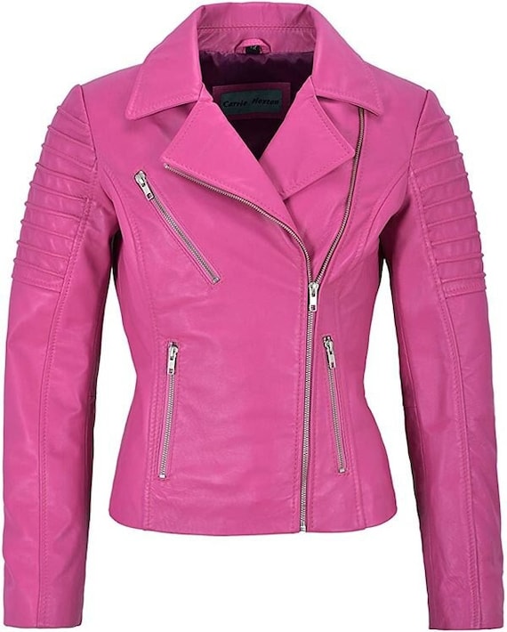 Women Pink Leather Biker Jacket Stylish Women Leather Jacket Etsy Canada