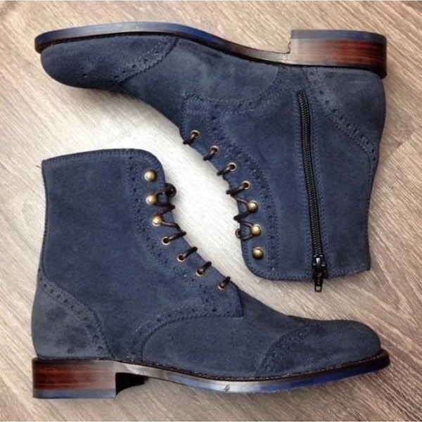 Navy Blue Leather Suede Dress Boots for Men's Side Zipper Boots, Handmade Leather Ankle Boots