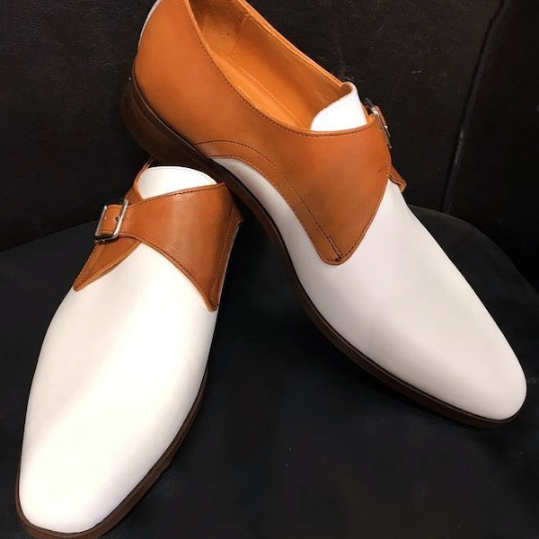 Handmade Leather Brown and White Dress Shoes for Men's Wedding Shoes, Men's Fashion Shoes, Spectator Shoes for Men