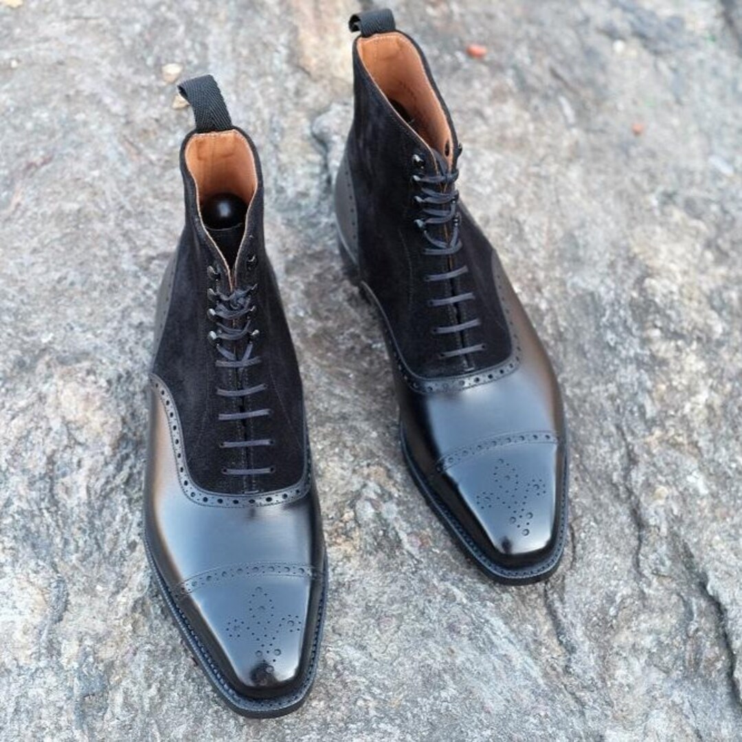 Black Leather Suede Dress Boots for Men