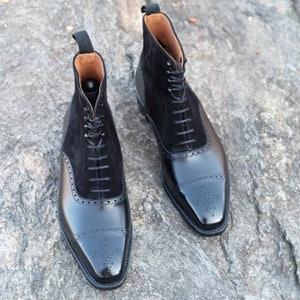 Black Leather Suede Dress Boots for Men's Western Black Boots, Handmade Leather Ankle Boots